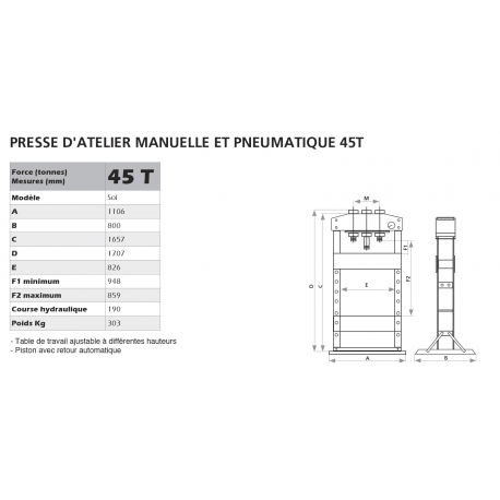 Presse d'atelier manuelle et pneumatique DRAKKAR 45 tonnes Référence   10538_1