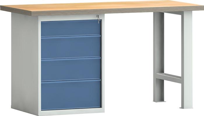 Établi PW 700 - l.1500xP700xH840 mm - hêtre Multiplex - gris clair RAL 7035 / bleu brillant RAL 5007 - 4 tiroirs KLW-LUTZ BETRIEBSEINRICHTUNGEN_0