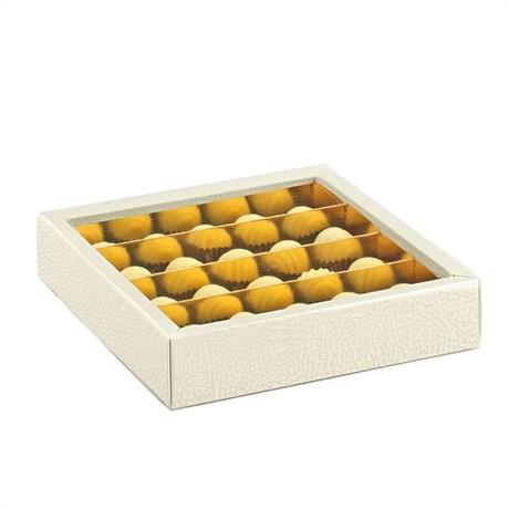 BOÎTE POUR CHOCOLATS + INTERCALAIRE + COUVERCLE 14.5X14.5X3.5 CM CARTON BLANC (VENDU PAR 50)
