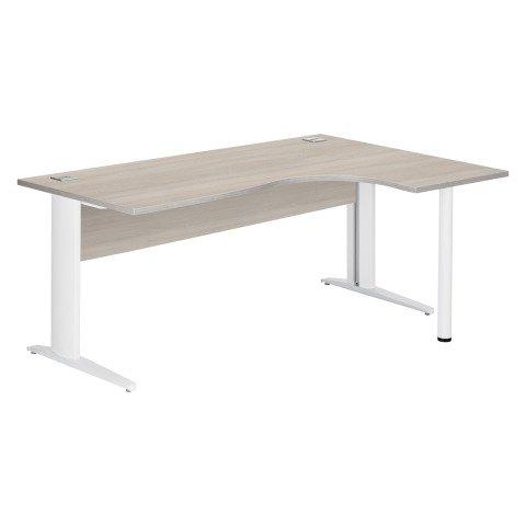 BUREAU COMPACT EXCELLENS L 180 CM CHÊNE GRIS RETOUR À DROITE PIÈTEMENT MÉTAL BLANC AVEC VOILE DE FOND