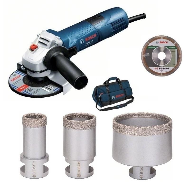 KIT CARRELEUR DIAMANT BOSCH MEULEUSE GWS7-125 + 3 SCIE TRÉPANS + 1 DISQUE DIAMANT + SAC DE TRANSPORT - 061599758U