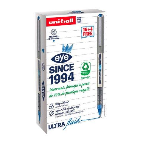 PACK DE 16 STYLOS ROLLER UNI BALL EYE BLEU + 4 OFFERTS