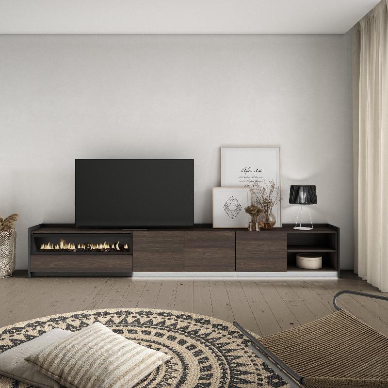 SKRAUT HOME - MEUBLE TV EFFET BOIS DE CHÊNE ET NOIR 310X37X50CM CHEMINÉE EFFET FEU