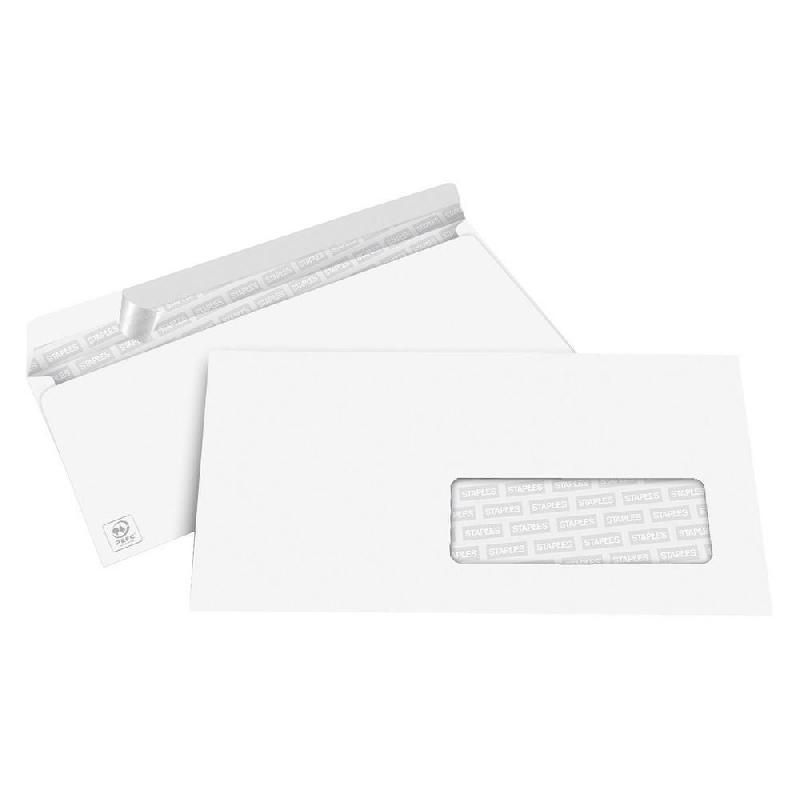 STAPLES BOÎTE DE 500 ENVELOPPES AVEC FENÊTRE - AUTO-ADHÉSIVES - PAPIER VÉLIN - 110 X 220 MM (80 G/M²) - COULEUR BLANC (BOITE DE 500)