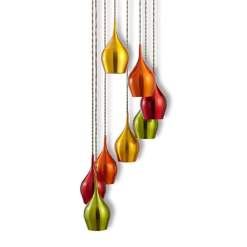 SEARCHLIGHT SUSPENSION VIBRANT 8 LAMPES, ABAT-JOURS COLORÉS
