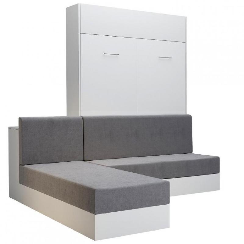LIT ESCAMOTABLE DYNAMO SOFA CANAPÉ ANGLE MÉRIDIENNE RÉVERSIBLE BLANC MAT TISSU GRIS 140*200 CM_0