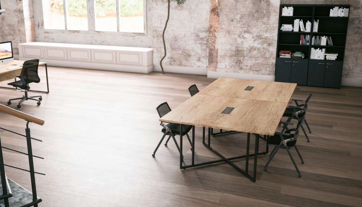 Table de réunion Stricto Sensu - élégance avec piétement en croix - plateau rond ou carré - électrification centrale_0