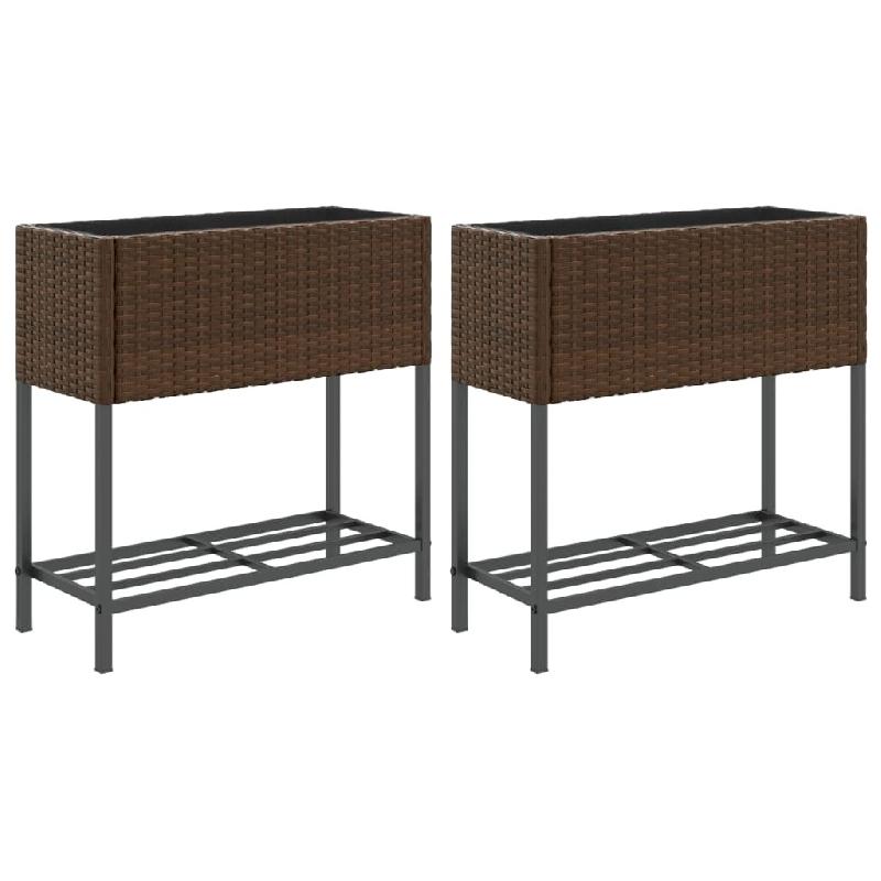 Helloshop26 - Jardinière bac lit surélevé plantes fleurs jardin terrasses avec étagère lot de 2 brun 70 x 28 x 70 cm résine tressée 02_0038883_0
