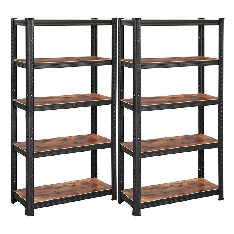 LOT DE 2 ÉTAGÈRES À 5 NIVEAUX 150 CM CHARGE TOTALE 650 KG (130 KG/NIVEAU) ÉTAGÈRE DE STYLE INDUSTRIEL PLANCHES RÉGLABLES POUR SALON CUISINE NOIR ET MARRON RUSTIQUE 12_0003227_0