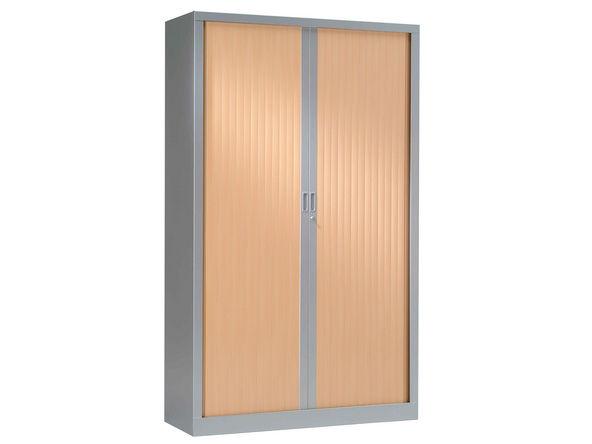 Armoire haute à rideaux bois monobloc - 1000 x 430 x 1980 mm - Gris aluminium poirier rosé - 4 étagères 110 kg_0