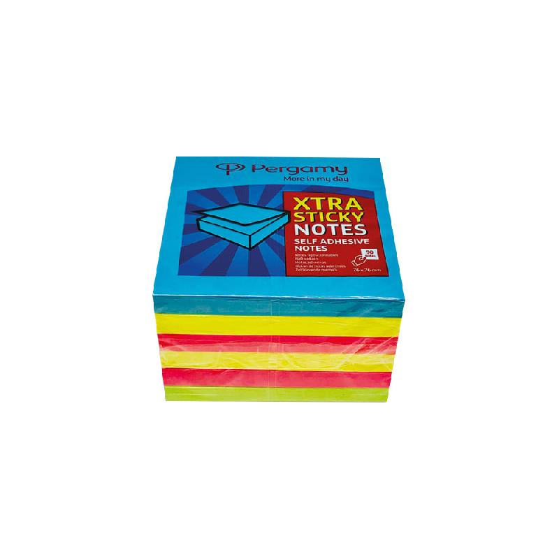 FEUILLES REPOSITIONNABLES PERGAMY EXTRA STICKY - 76X76 MM - 6 BLOCS DE 90 - COLORIS ASSORTIS NEON
