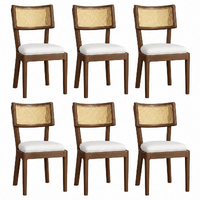 Merax lot de 6 chaises de salle à manger 50 x 58 x 88 cm en bois massif avec dossier en rotin et coussins en lin, aspect noyer et beige - multicolore_0