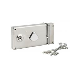 Serrure horizontale de grille en applique à clé à fouillot pour portail, droite, axe 58mm, 140x82mm, inox, 2 clés - THIRARD - gris 3150265092191_0