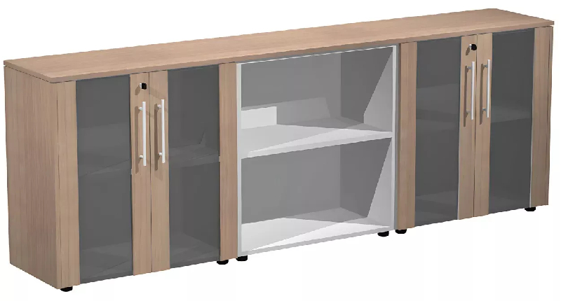 Armoire basse combiné 4 portes verre fumé à serrure - 3 étagères - L. 243 x P. 43 x H. 81 cm So Flora - Noyer Naturel_0