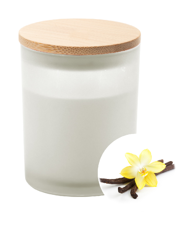 Bougie vanille - cire végétale parfumée - verre dépoli avec couvercle en bambou_0