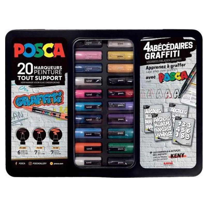 MALETTE GRAFFITI DE 20 MARQUEURS UNI POSCA - COULEURS ET POINTES ASSORTIES - INCLUS 4 ABECEDAIRES GRAFFITI.