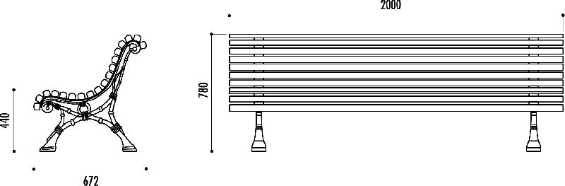 Banc public Romantico en pin et fonte - 2000 mm de long - traité autoclave classe IV_0