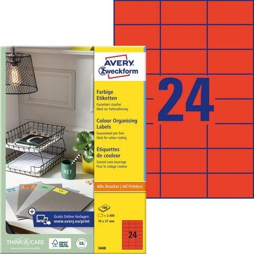 Avery Zweckform 2400 étiquettes universelles rouges, format 70 x 37 mm (100 feuilles A4 / cdt) - rouge 3448_0