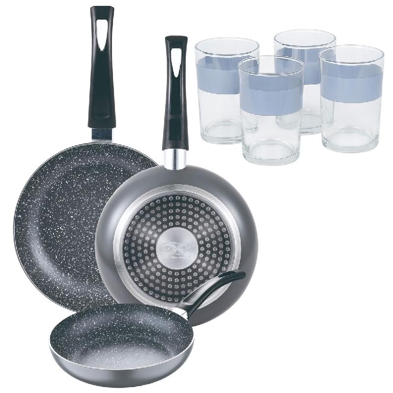BERGNER - Jeu de 3 Poêles Ø16/Ø20/Ø24cm en Aluminium Pressé Compatibles Induction Black Soul Marble avec Jeu de 4 Verres 0,5L NOIA - PK9346_0