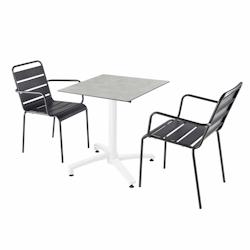 Oviala Business Ensemble table terrasse stratifié béton et 2 fauteuils gris - gris métal 110841_0