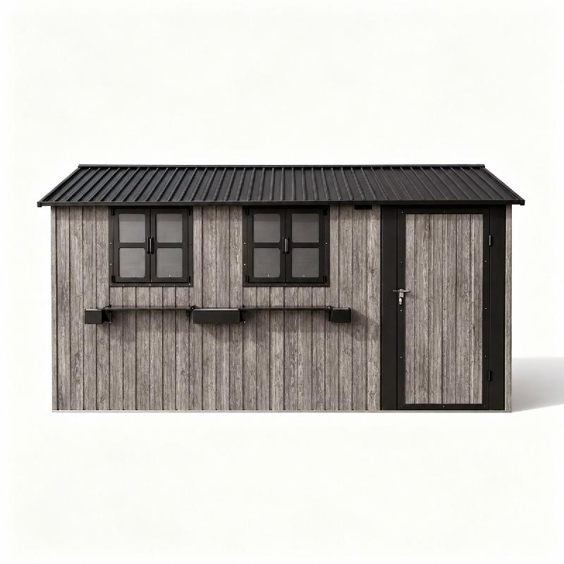 Merax Abri à outils en métal aspect bois 10,21 m², 3 fenêtres, 3 étagères à fleurs et porte verrouillable, 370,8 x 303,8 x 204,9 cm, gris-noir_0