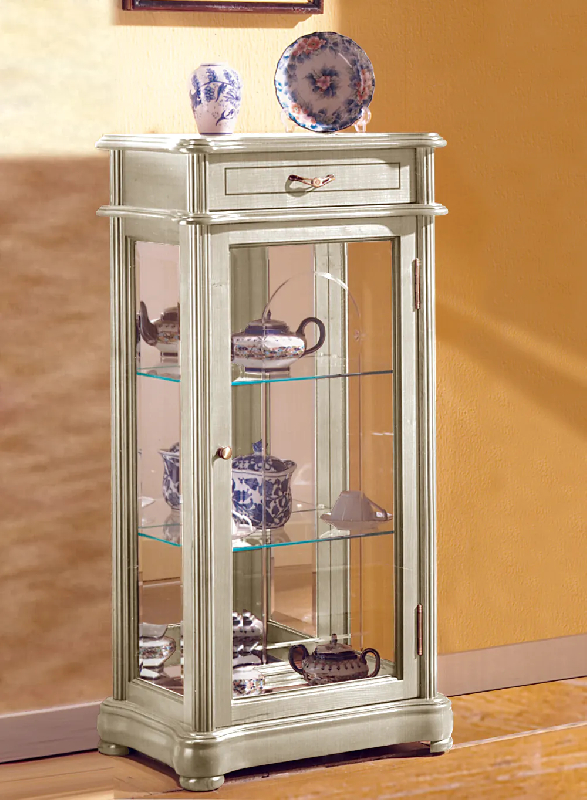 Petite vitrine bois DV34VA - laqué crème cérusé avec fond miroir et tablettes réglables_0