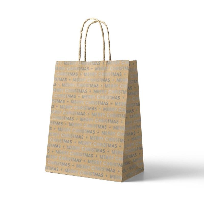 Sac kraft Merry Christmas argent métal poignées torsadées 24x12x32cm - par 50_0