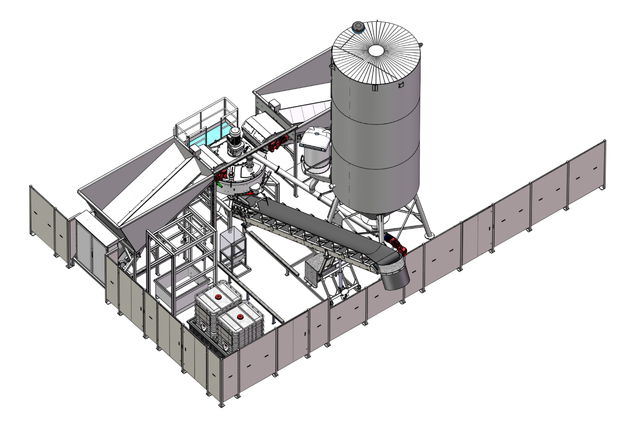 Distributeur de béton automatique avec 2 trémies de 8m3 - Emprise au sol de 11,5m x 11m - Modèle T_0