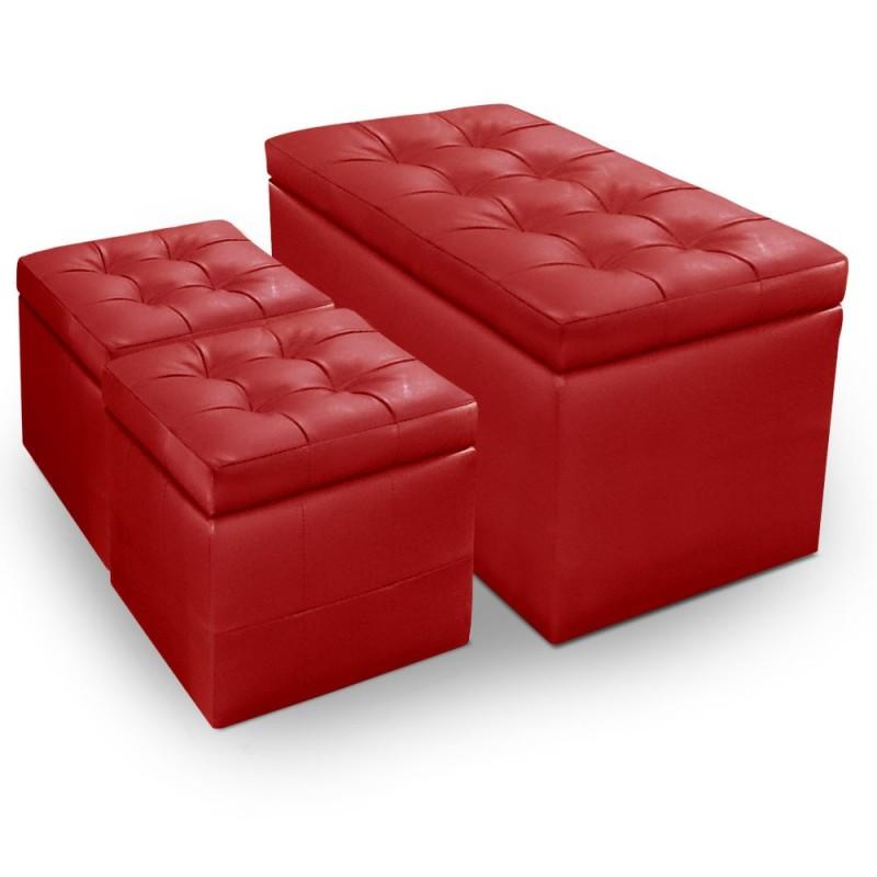 Banquette coffre rouge 85 cm avec 2 poufs Henriette - Paris Prix - Design contemporain_0