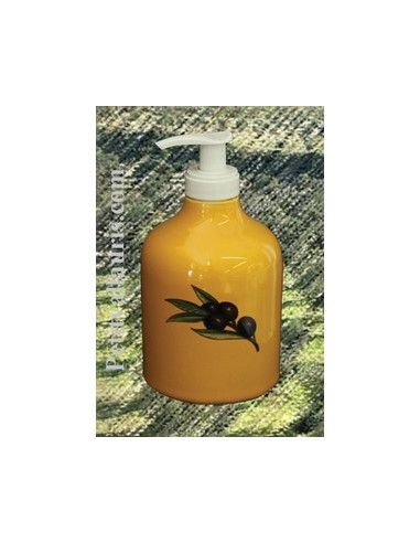 Distributeur de savon - le petit vallauris - en faience de couleur jaune provençal motifs olives noires_0