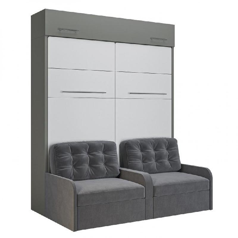 Duo Sofa - Armoire lit escamotable avec canapé gris - 2 x 90/200 - Structure grise et façade blanche_0