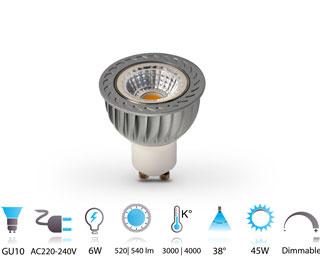Spot LED GU10 COB Dimmable - 6W 3000K | 4000K - Angle 38° - Aluminium et Verre - IRC >80_0