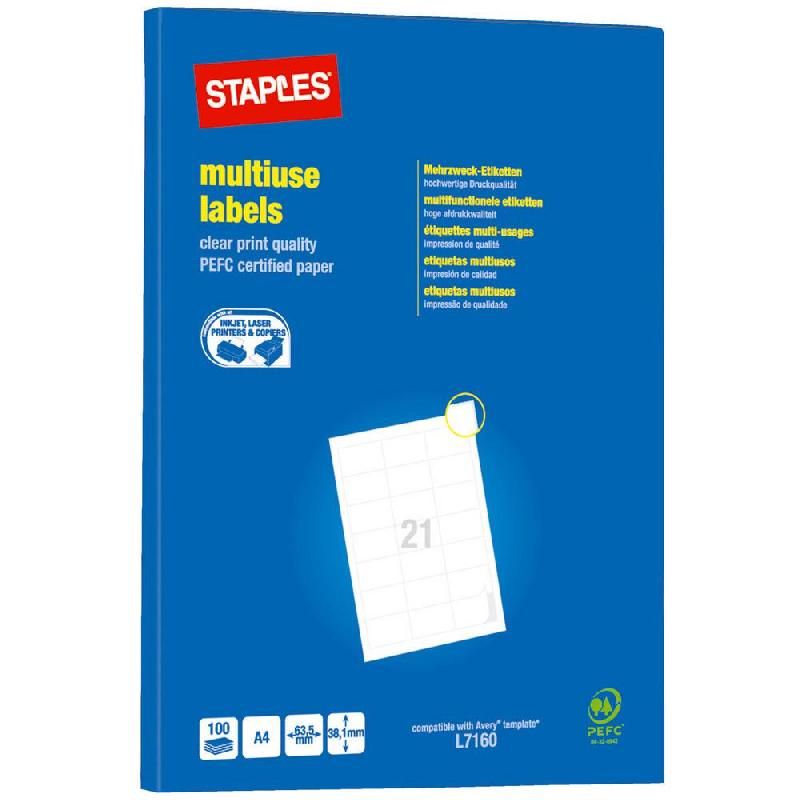 STAPLES ETIQUETTE MULTI-USAGES BLANCHE - STAPLES - 63,5 X 38,1 MM - BOÎTE DE 2100 ÉTIQUETTES