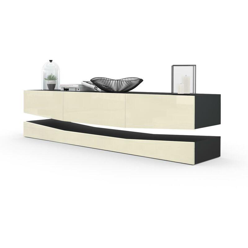 VLADON ARMOIRE BASSE MEUBLE TV CITY EN NOIR MAT HAUTE BRILLANCE