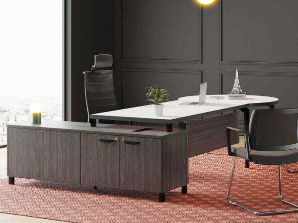 Bureau de direction Elite - Plateau forme arrondi et crédence inclus - Dimensions 225x205 cm_0