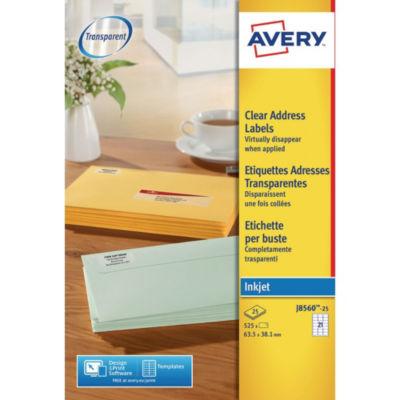 Avery J8560 Etiquettes transparentes imprimante jet d'encre 63,5 x 38,1 mm - 25 feuilles -525 étiquettes_0