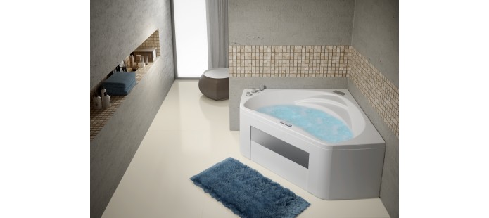 Baignoire d'angle CORRANDA - bec cascade, 240L, BIOCRYL®, poignées chromées et appuie-tête_0
