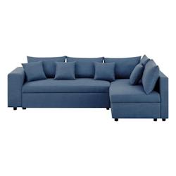 Canapé d'angle a droite convertible + Coffre de rangement + 4 coussins - Tissu Bleu - OWENS - L 250 x P 163 x H 88 cm AUCUNE - bleu 3666749189955_0