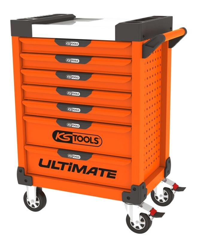 KS TOOLS - 819.0007 - Servante d'atelier Vide Ultimate 7 tiroirs - Caisse à Outil - Couleur Orange- Plateau INOX - Porte flacons - 4042146753927_0