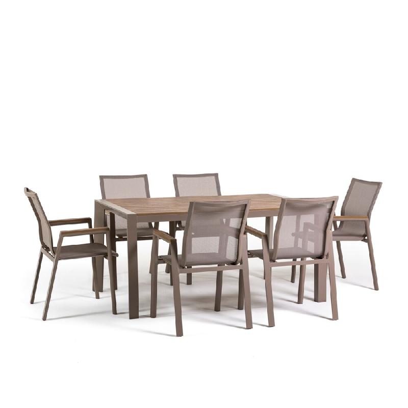 RATTATAN Ensemble repas d’extérieur avec table en aluminium 160x90 cm et 6 chaises empilables en textilène et polywood effet bois Liam et Deva - b_0