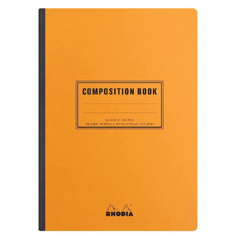 RHODIA CLASSIC COMPOSITION BOOK A5 PETITS CARREAUX 5X5 160 PAGES 80G NON MICROPERFORÉ - ORANGE - LOT DE 5