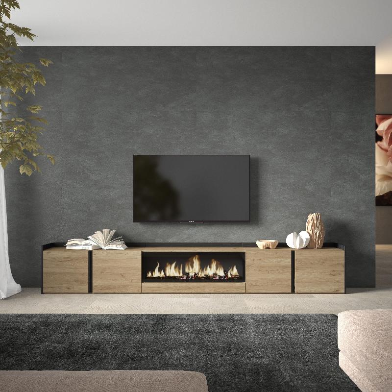SKRAUT HOME - MEUBLE TV EFFET BOIS DE CHÊNE ET NOIR 315X35X50CM CHEMINÉE EFFET FEU
