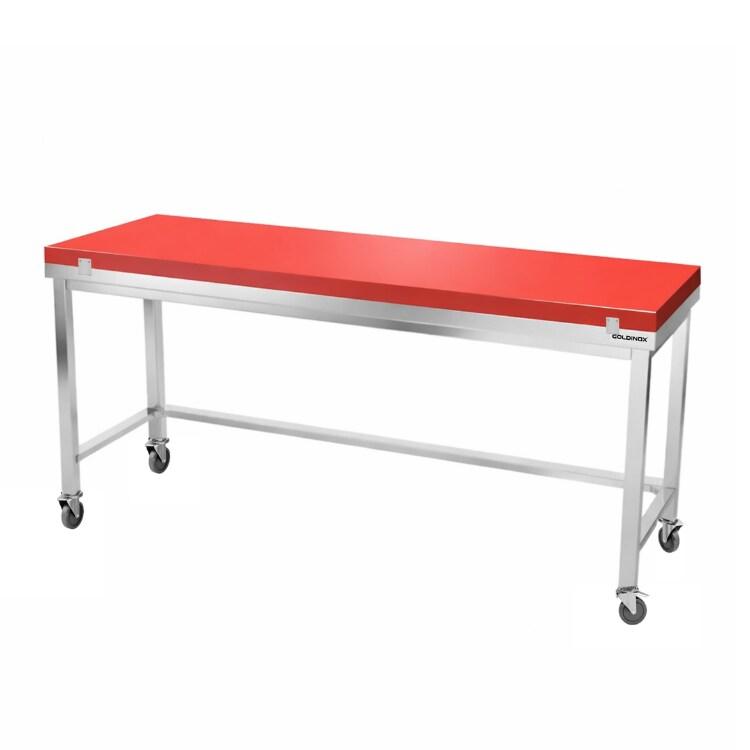 Table de travail en inox 2000x600 mm avec plaque de découpe rouge et renfort sur roulettes PREMIUM - GOLDINOX - gris inox 3701770841486_0