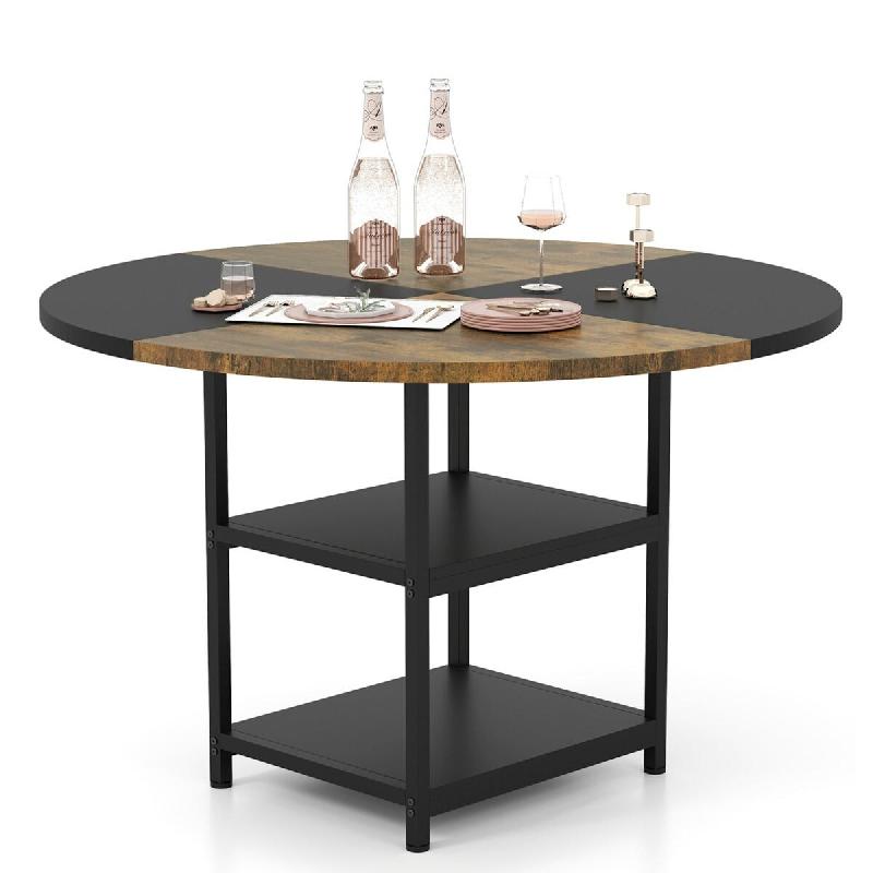 Helloshop26 - Table à manger ronde 119 cm pour 4-6 personnes avec rangement 2 étagères design rustique en MDF noir et marron 20_0018199 - noir mét_0