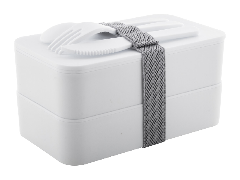Lunch box antibactérien en plastique - 2 compartiments de 700 ml avec set de couverts et sangle élastique_0