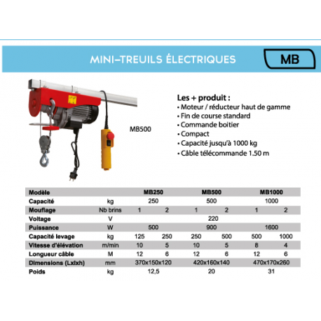 Mini treuil électrique de levage MB 230V mono de 125 à 1 tonne Référence   MB250_1