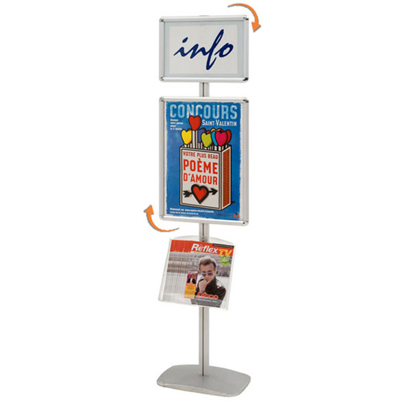 PORTE-AFFICHES CADRO-CLIC® A3 + A2 + 1 ÉTAGÈRE SUR PIED H 203 CM