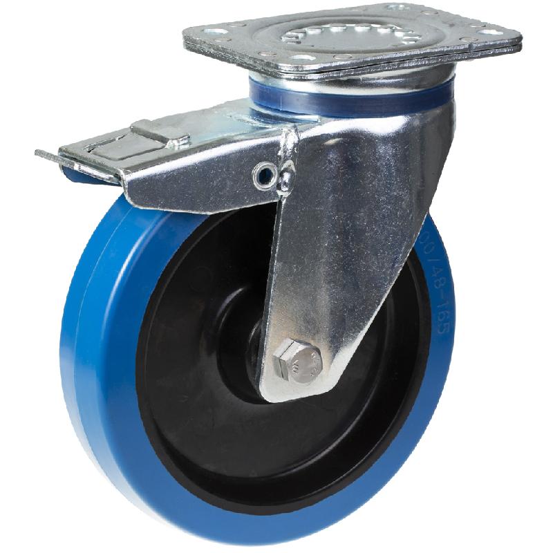 Roulette pivotante/frein de 200 mm avec caoutchouc élastique bleu sur roue centrale en nylon_0