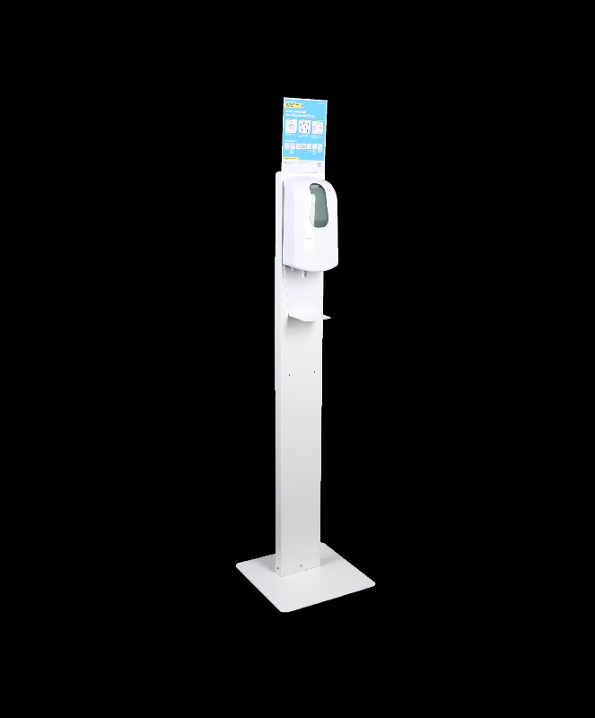 37898.03 - Support hygiénique en tôle d'acier thermolaqué blanc - Bachmann Display AG - avec distributeur électrique pour désinfectant et plateau d'égouttage_0