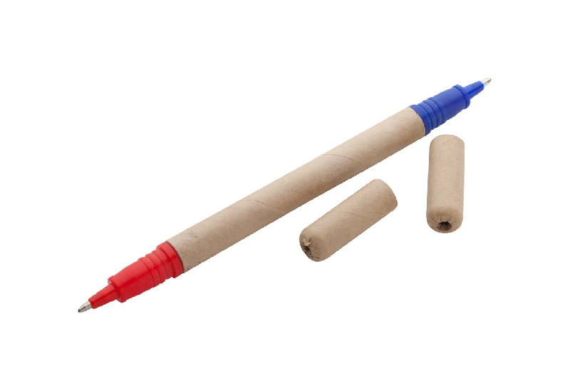 Stylo bille recyclé - en carton recyclé avec embouts bleus et rouges_0